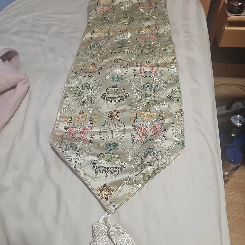 Silk Embroidered Table Runner in Sage with Pink Accents